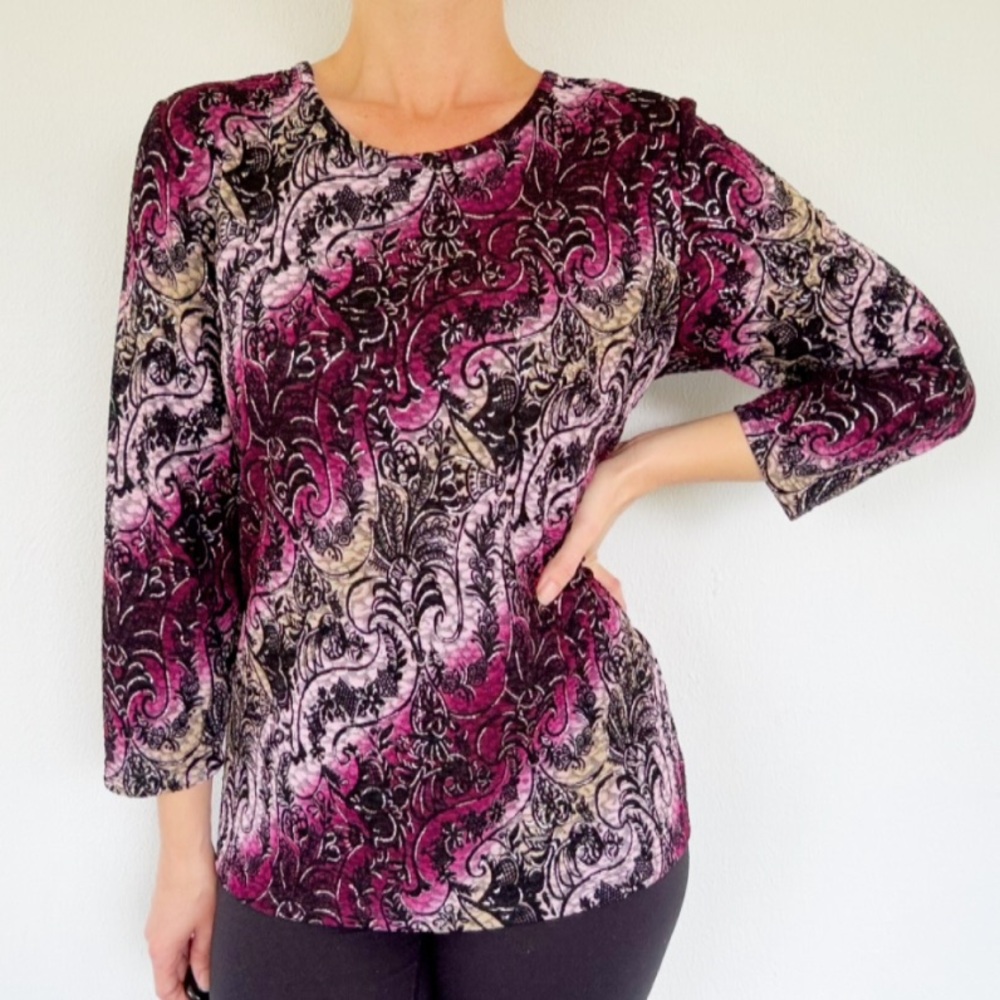 ALIA purple black abstract floral print 3/4 sleeve stretch top size large